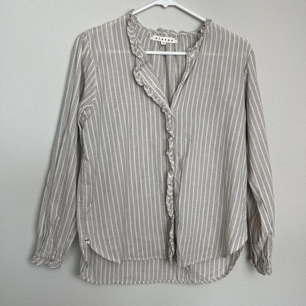 Xirena Blouse Womens XS White Stripe Ruffle Trim Button Front Long Sleeve Cotton